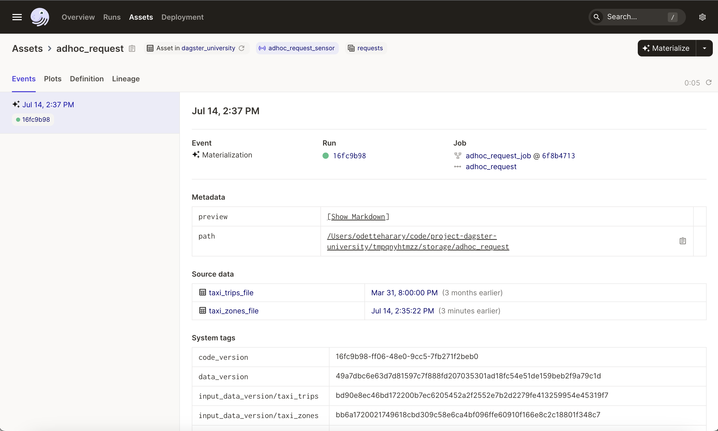 The adhoc_request asset in the Asset Catalog page in the Dagster UI