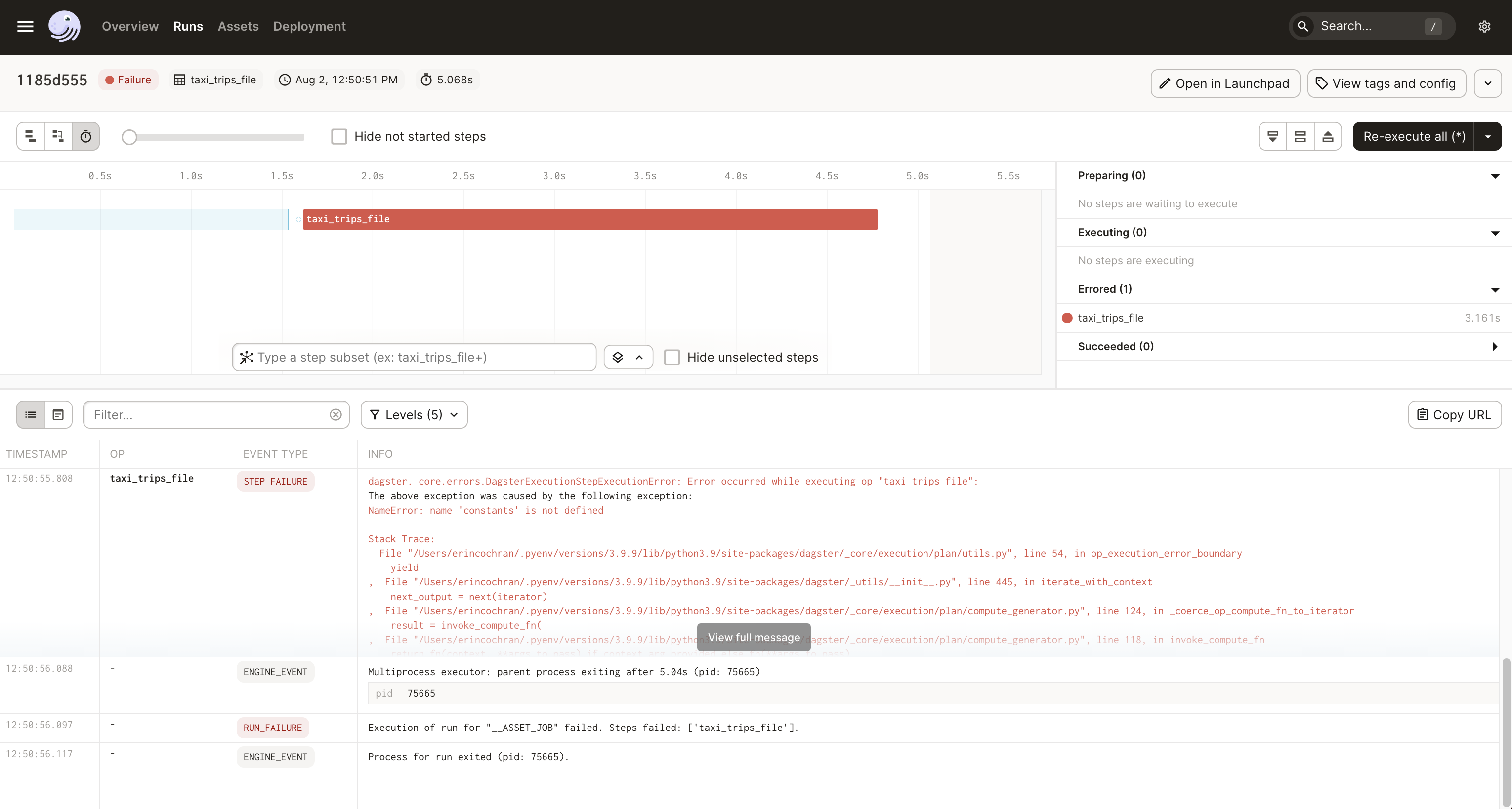 Run details page showing a run failure