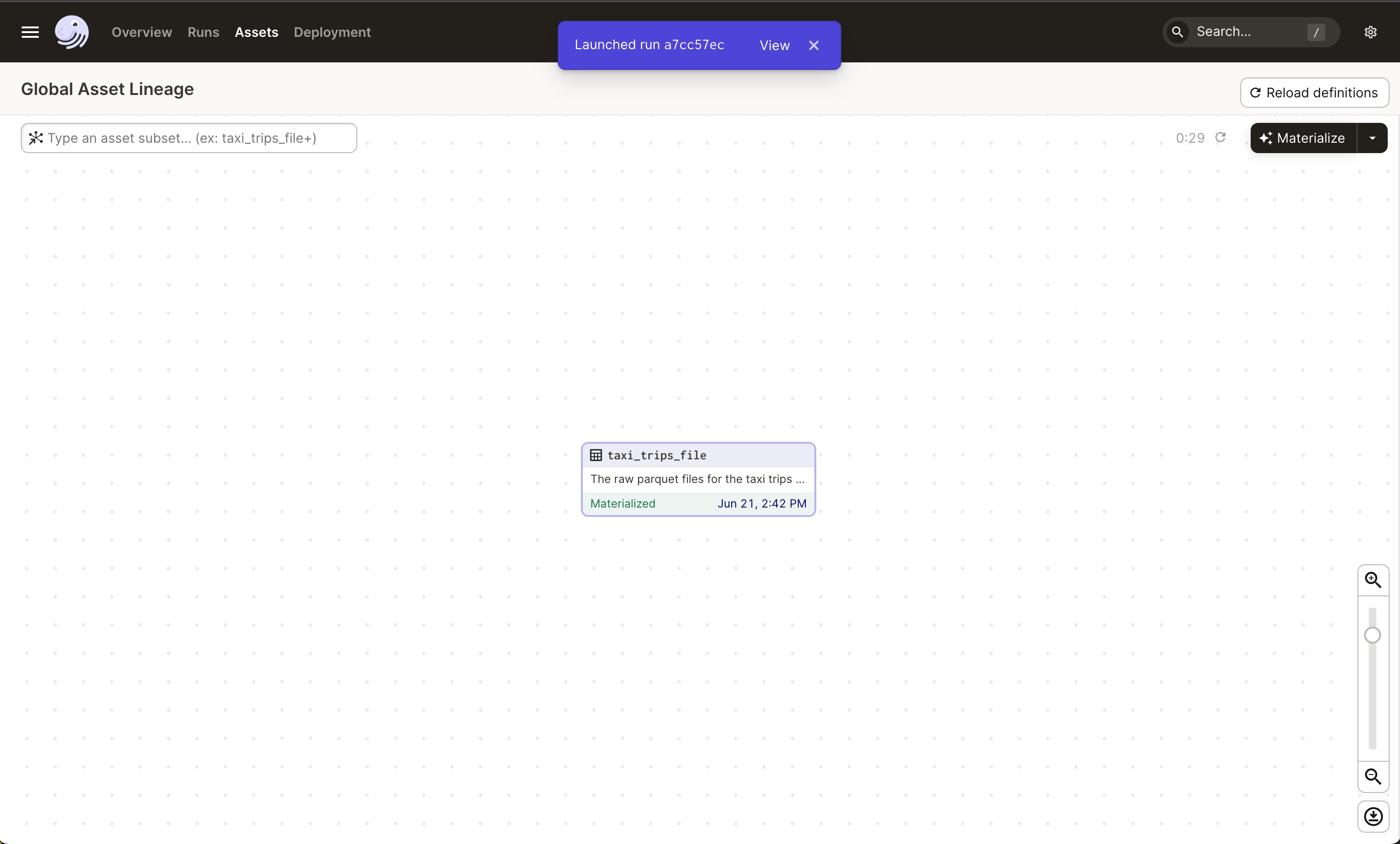 A materialized asset in the Global Asset Lineage page of the Dagster UI