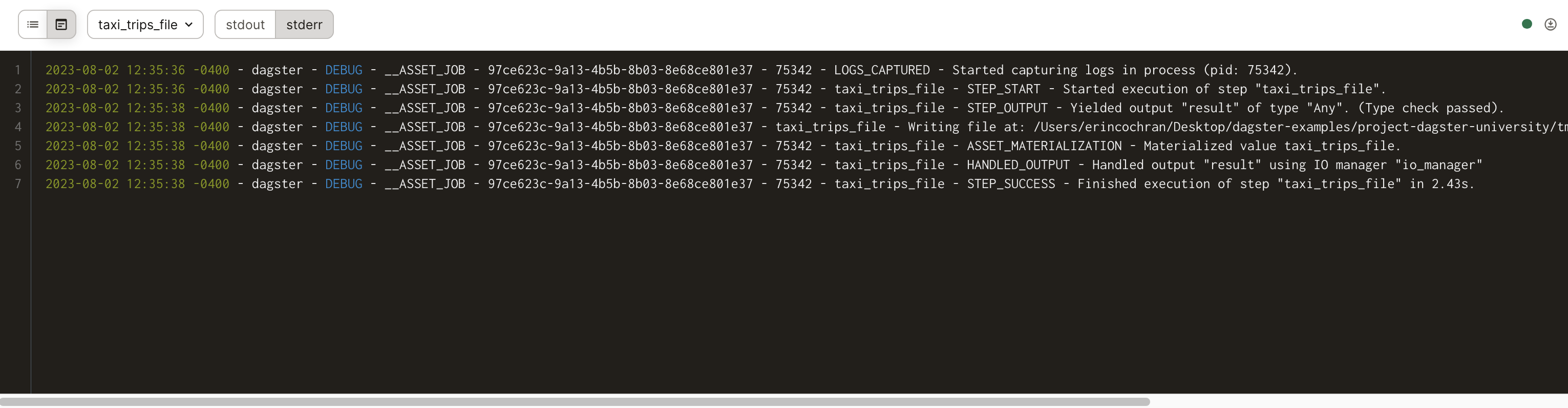 Example raw compute stderr run logs in the Run details page