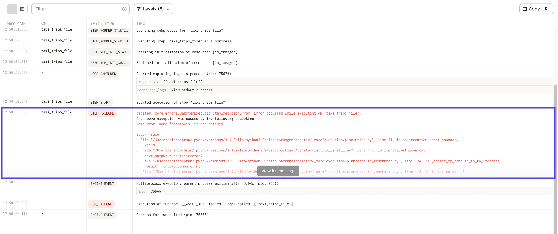 Highlighted STEP_FAILURE event in the Run logs