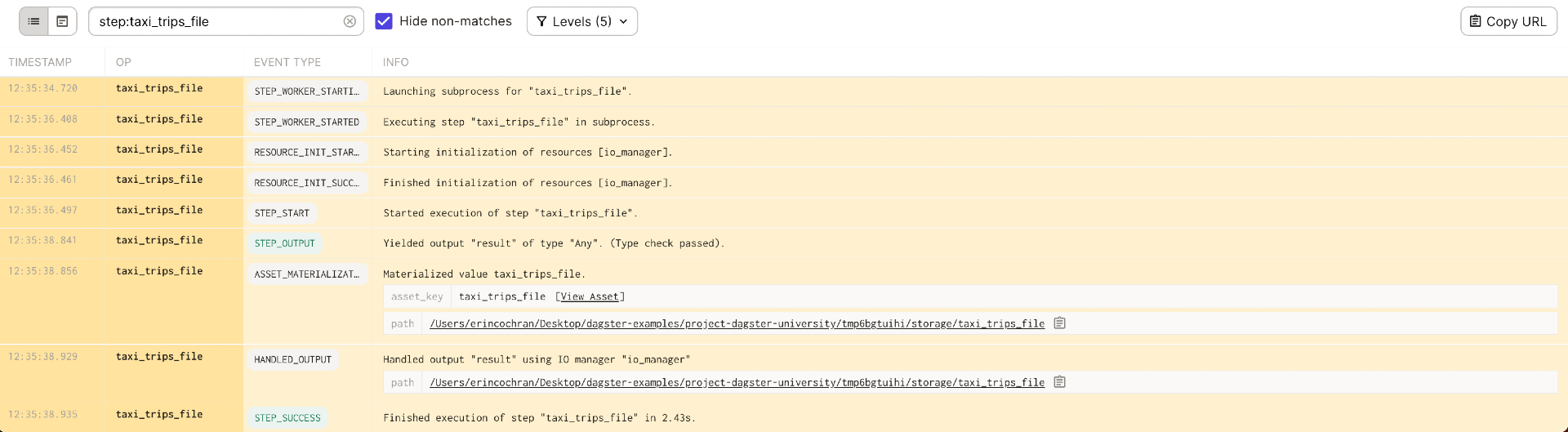 The Run logs in the Run details page, listing the events that occurred during the tax_trips_file run