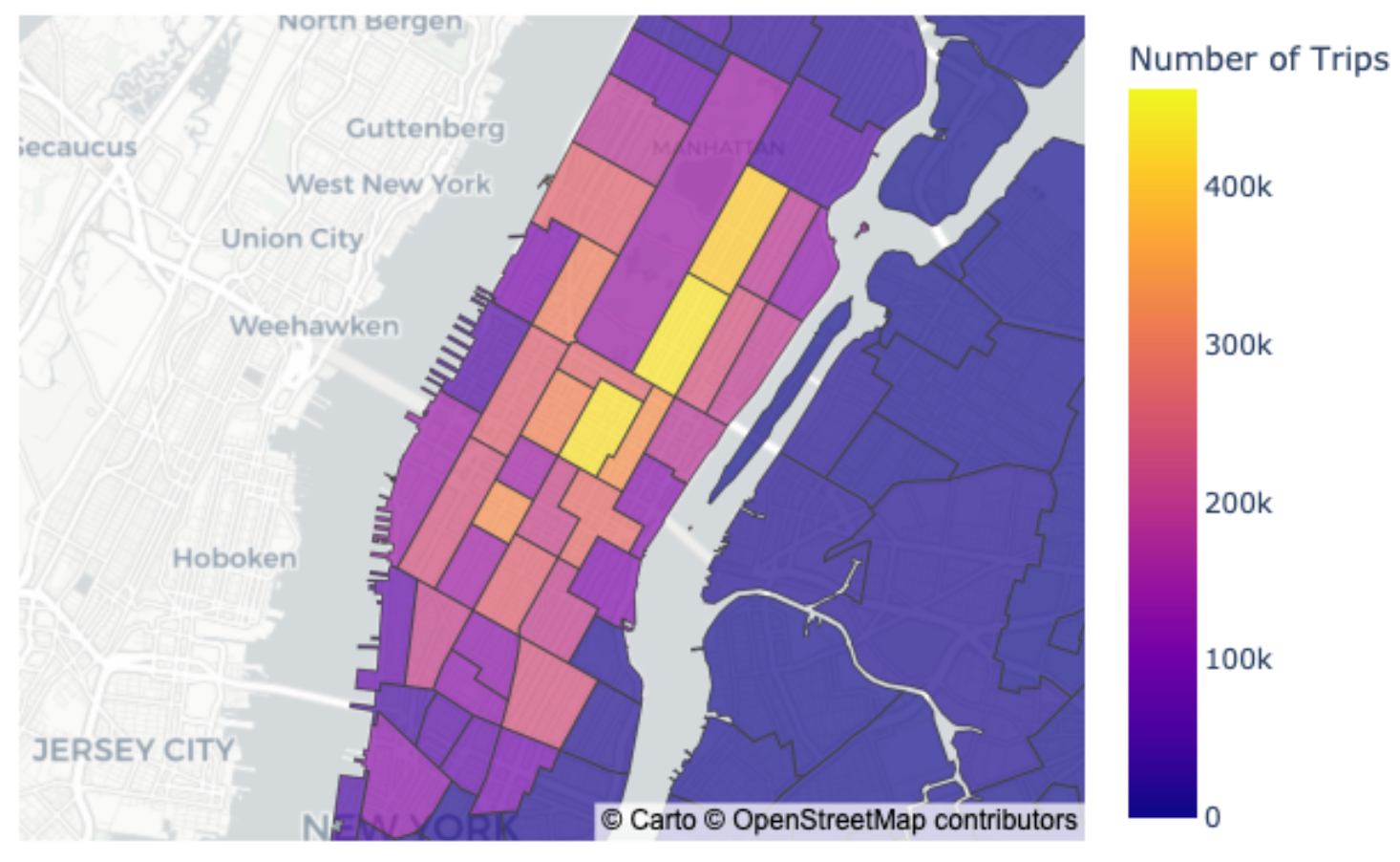 The materialized map of Manhattan showing taxi trips by zones
