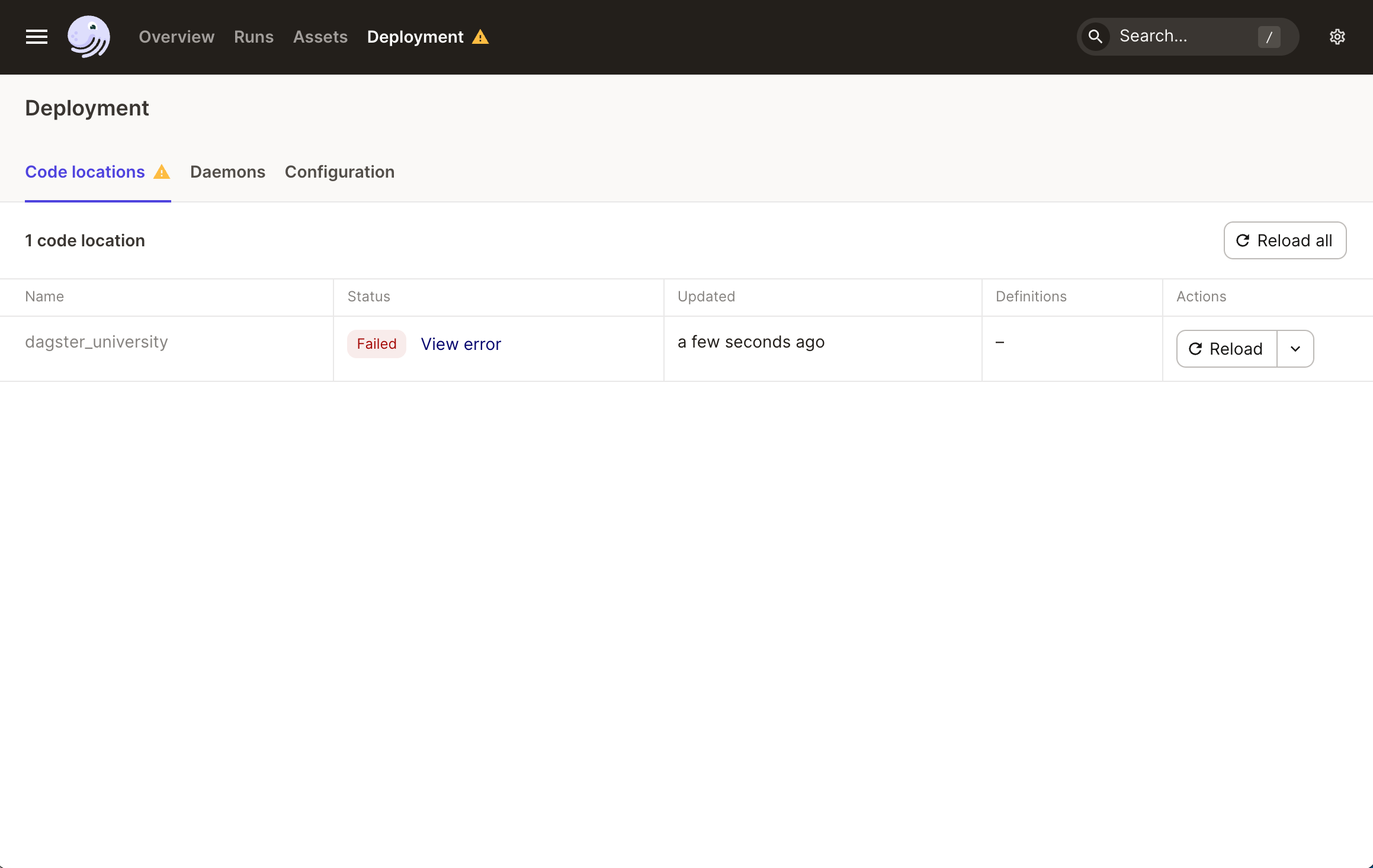 Code locations will have a status of Failed if there's an issue