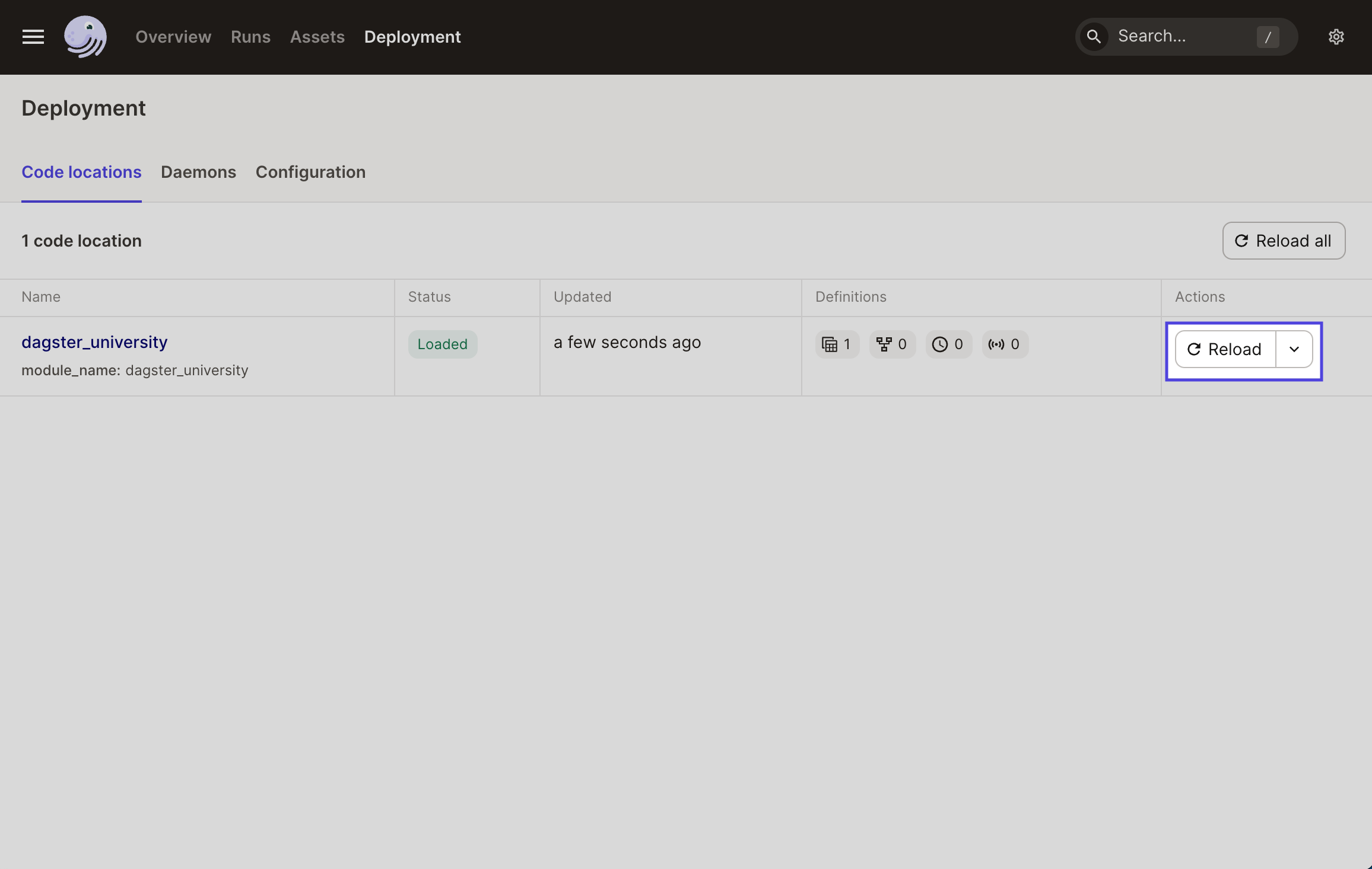 The Reload button in the Code locations tab in the Dagster UI