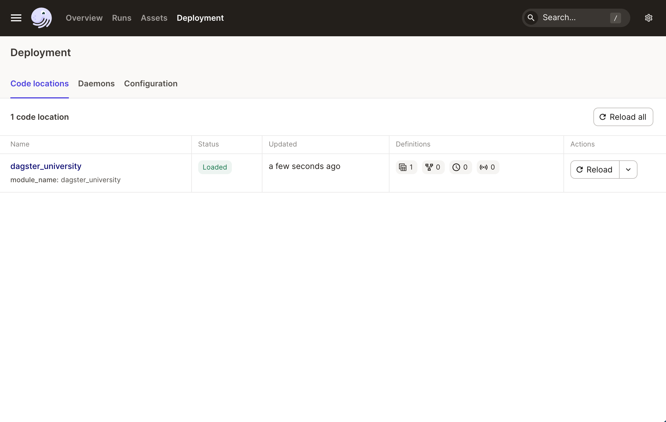 The Code locations tab in the Dagster UI, showing the project's dagster_university code location