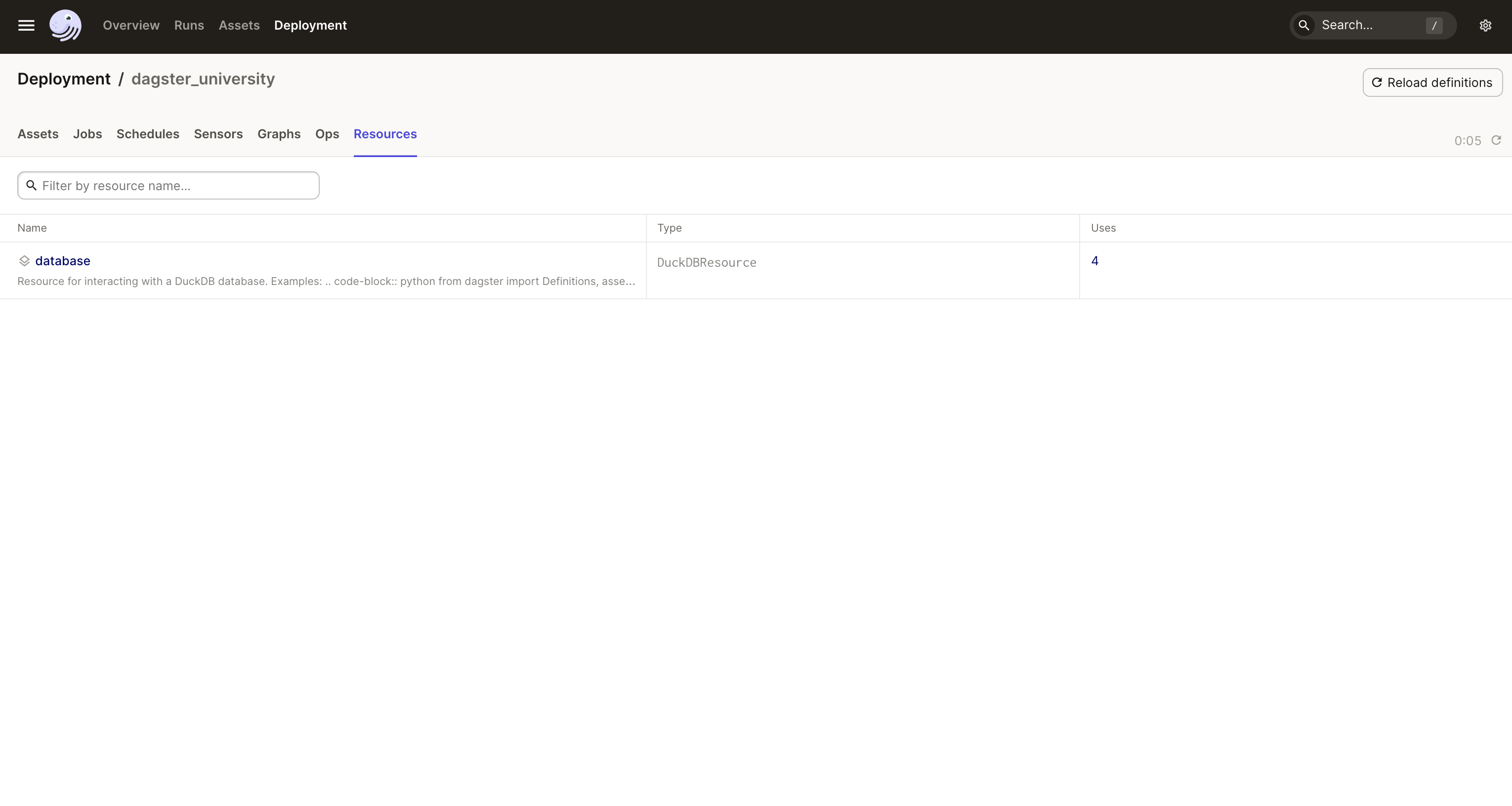 The Resources tab for the dagster_university code location