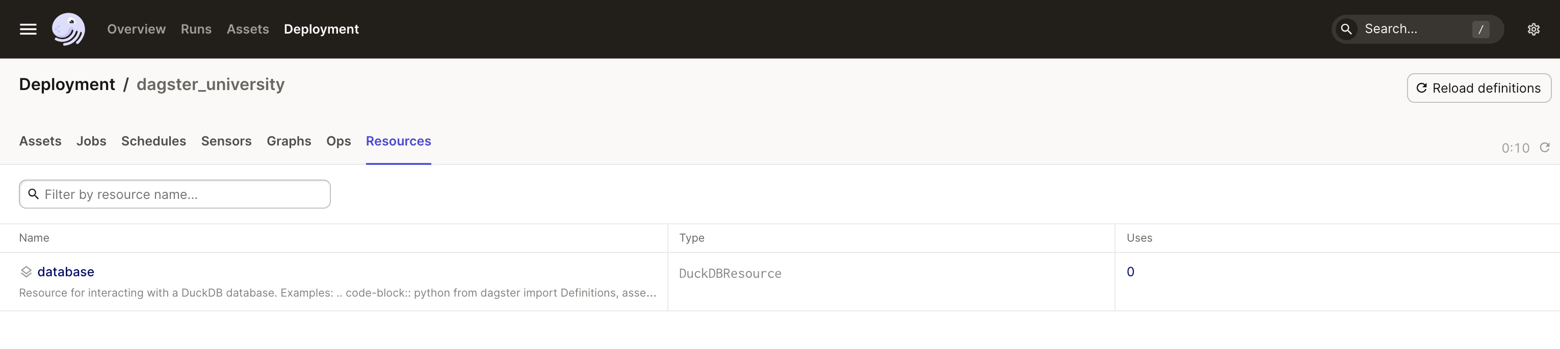 The Resources tab in the Dagster UI, showing the database resource for the dagster_university code location
