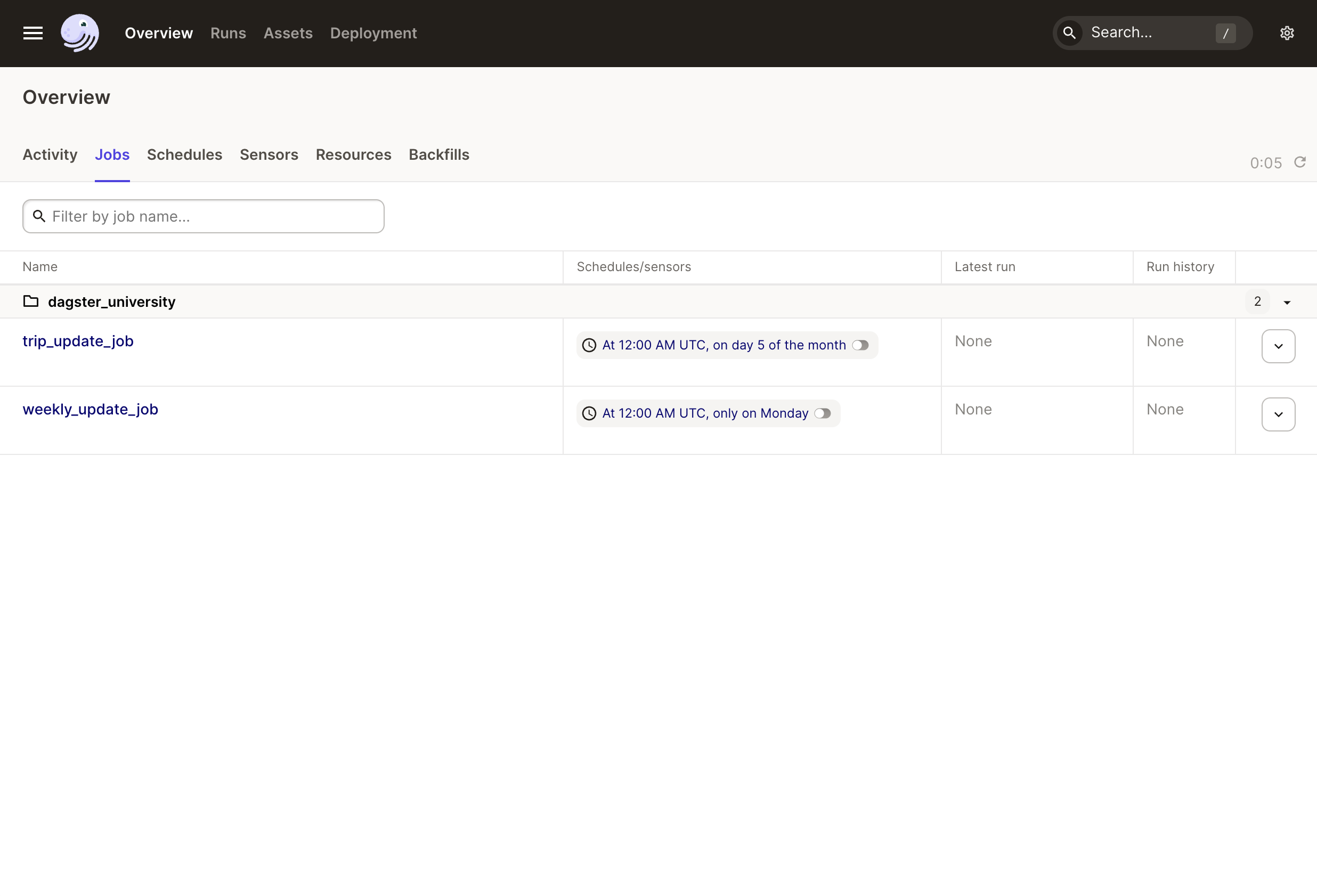 The Jobs tab in the Dagster UI