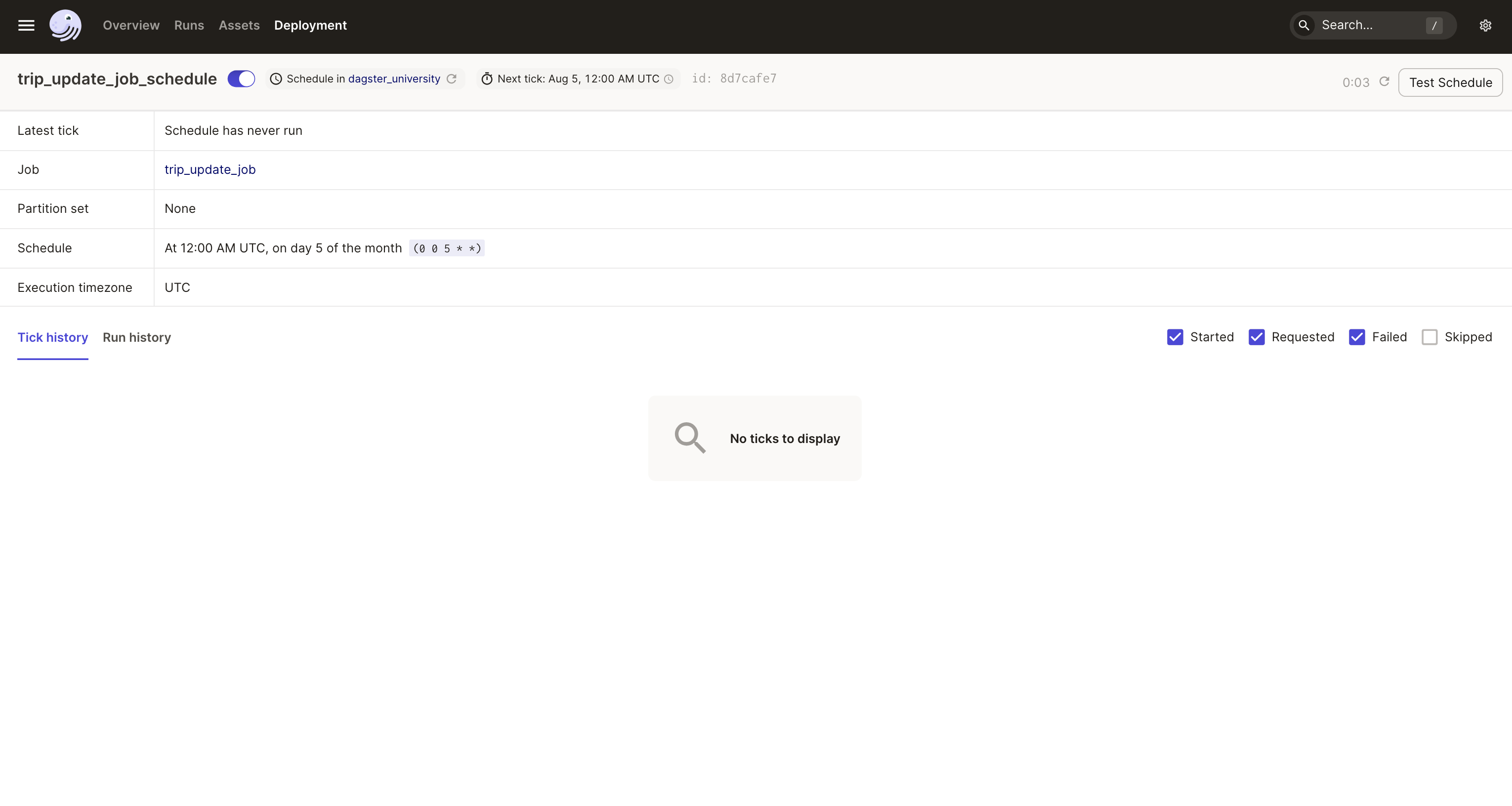 The Schedule details page in the Dagster UI