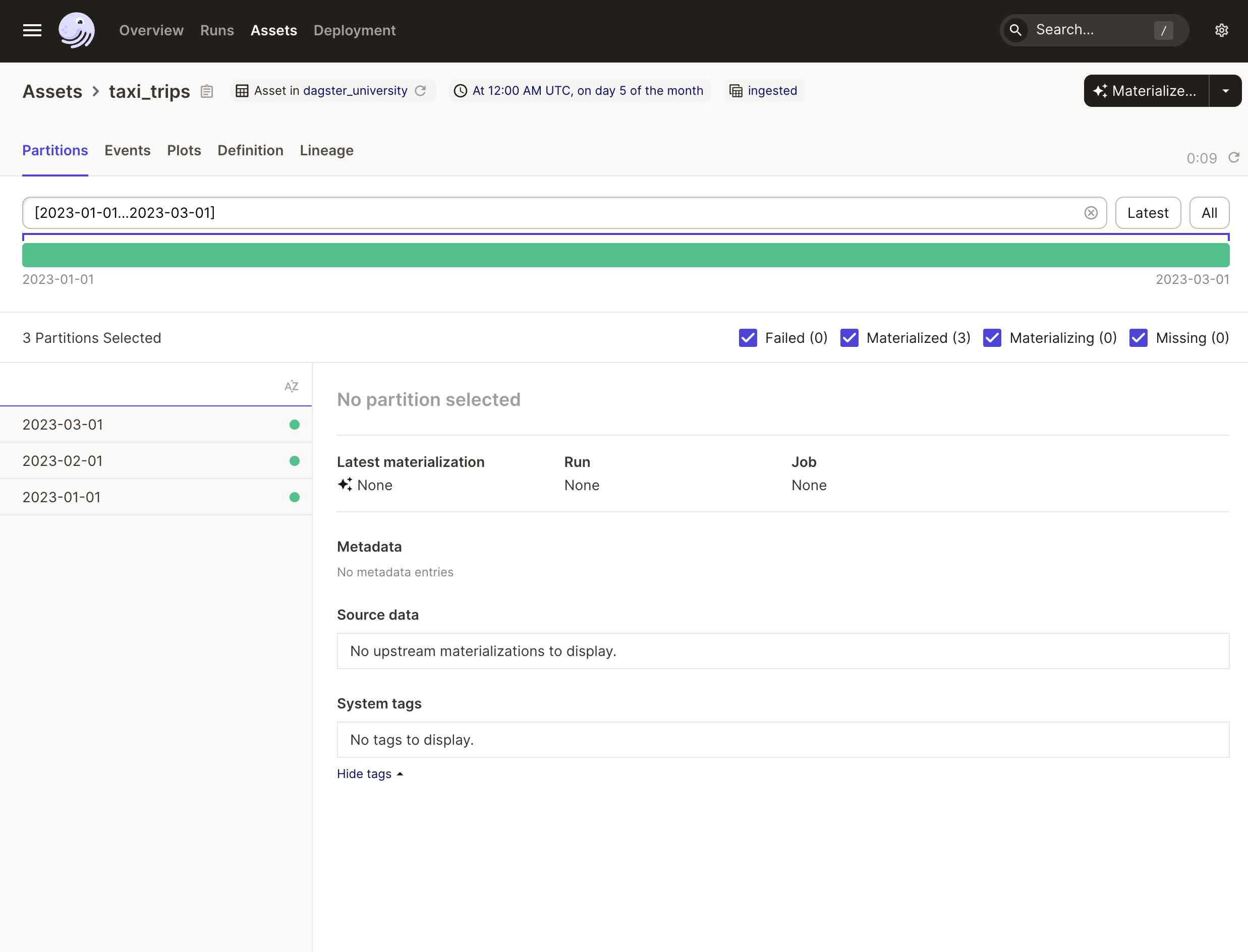 The Asset partition details page in the Dagster UI