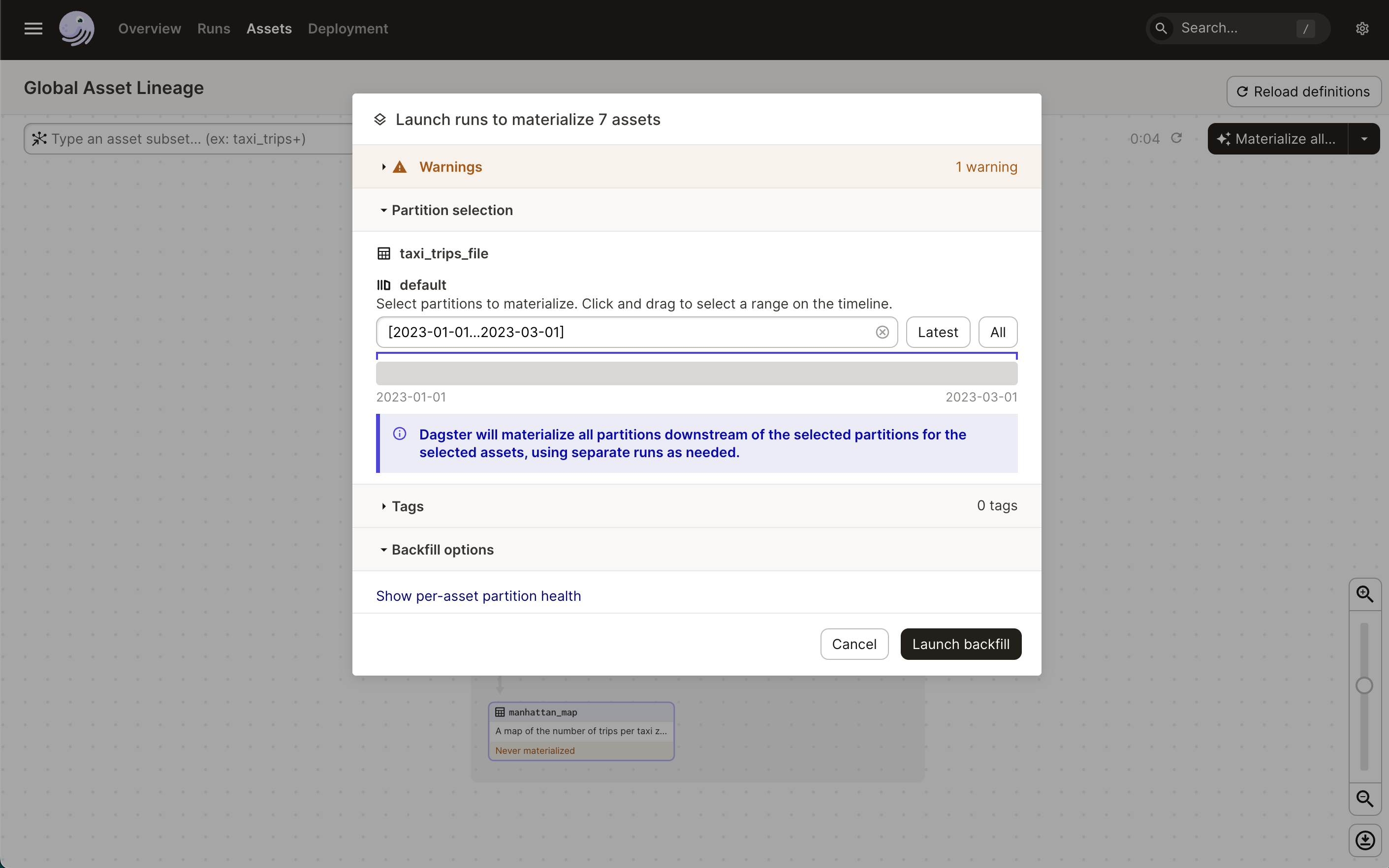 A popup displaying an asset's partition information in the Dagster UI