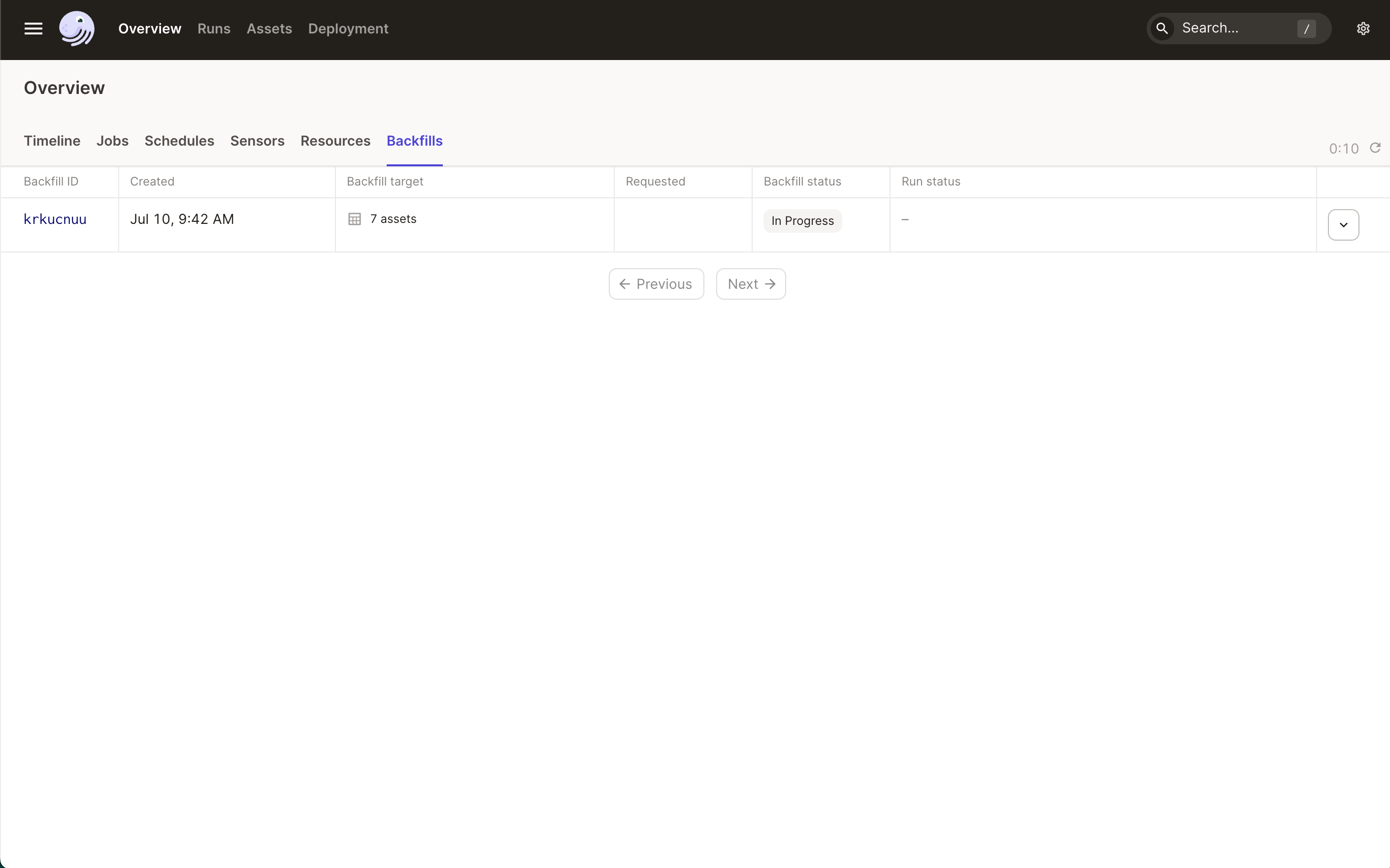 The Backfills tab in the Dagster UI
