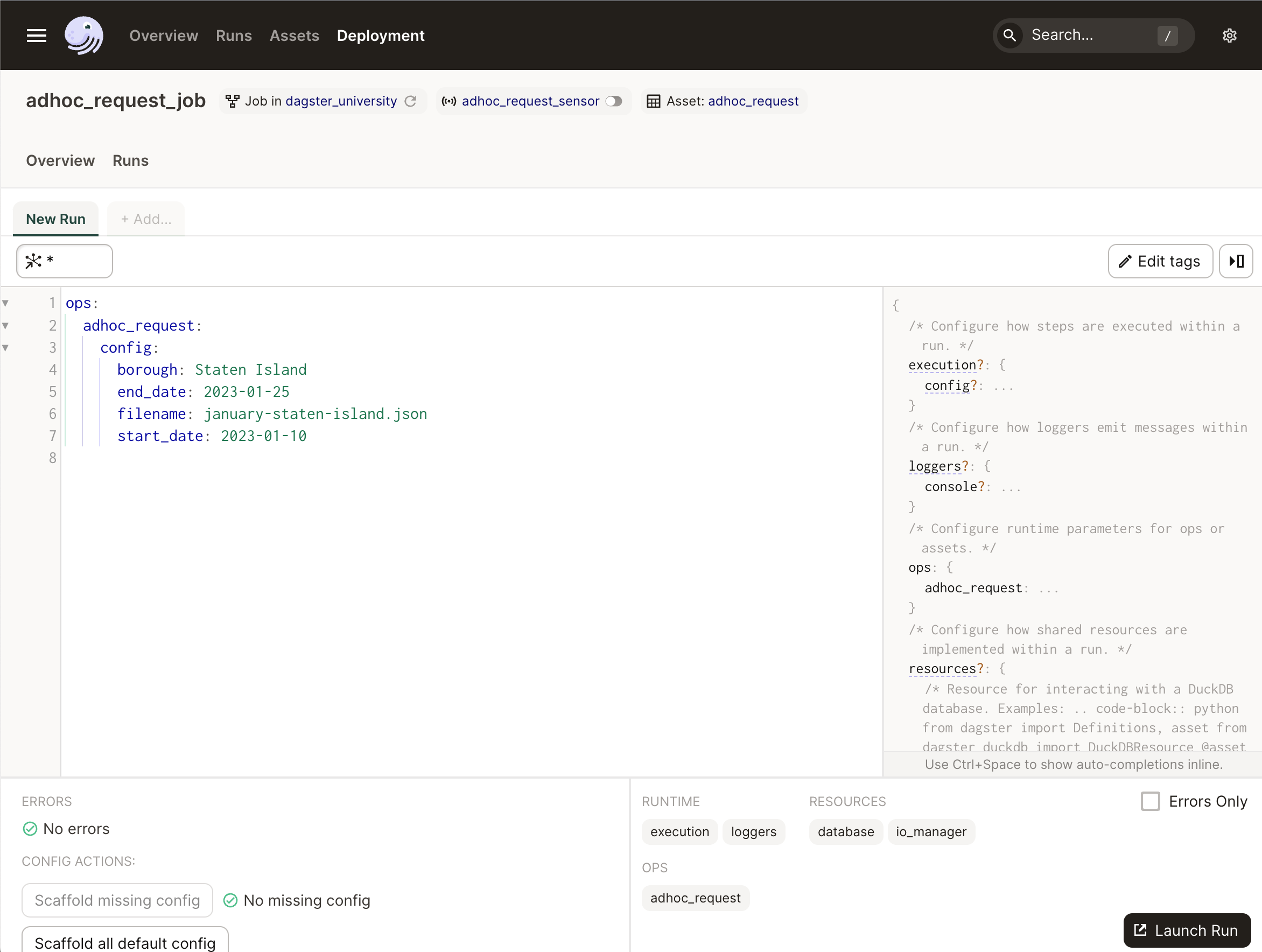 Pre-populated Launchpad for the adhoc_request_job job, using config from the january-staten-island.json file