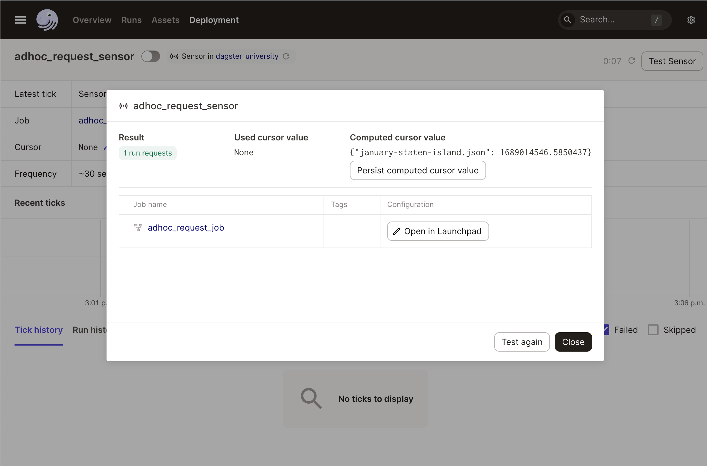 Results from the sensor evaluation in the Dagster UI