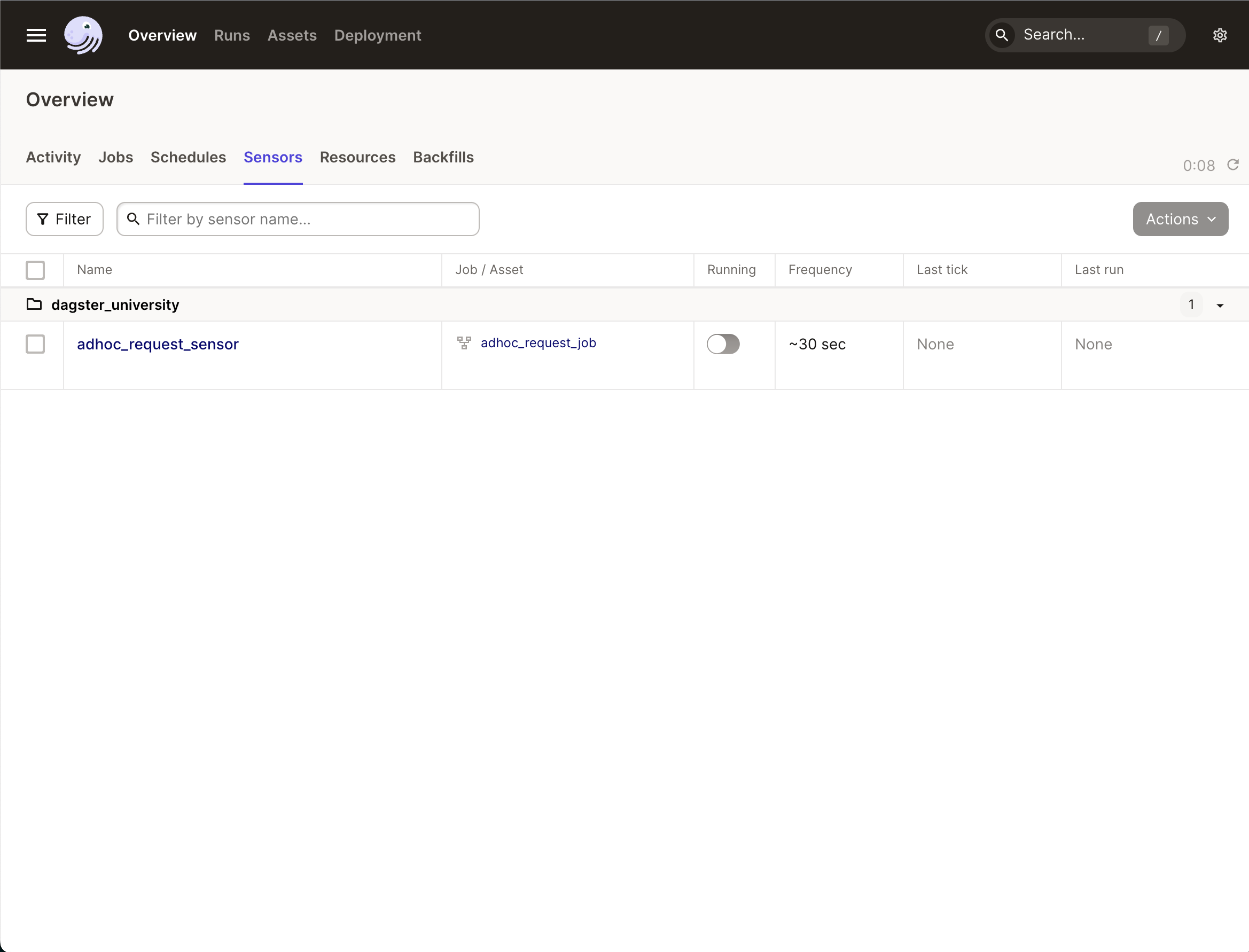 The Sensors tab in the Dagster UI