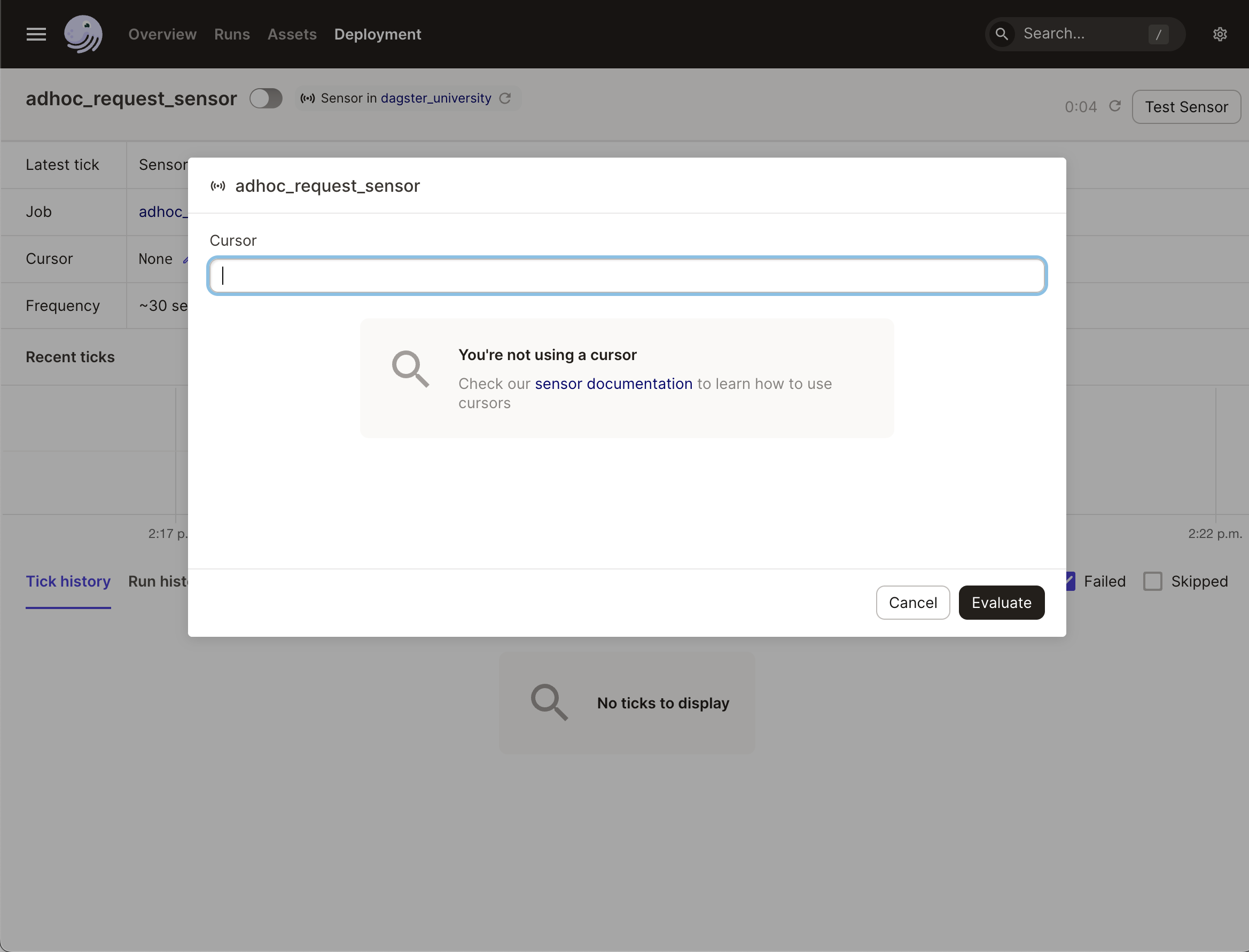 The Test Sensor dialog in the Dagster UI